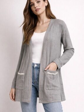 Blu Pepper Cozy Life Gray Open Front Cardigan Cottagecore Boho Lace Trim Soft LG